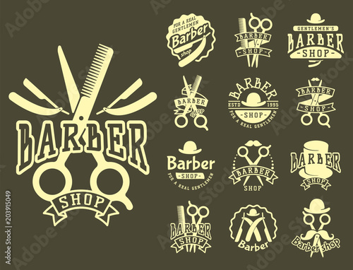 Vintage barber vector logo retro style haircutter typography flourishes calligraphic barbershop icon illustration.
