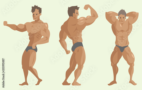Bodybuilder sportsman vector characters muscular bearded man fitness male strong athlets model posing bodybuilding sport gym cartoon style illustration