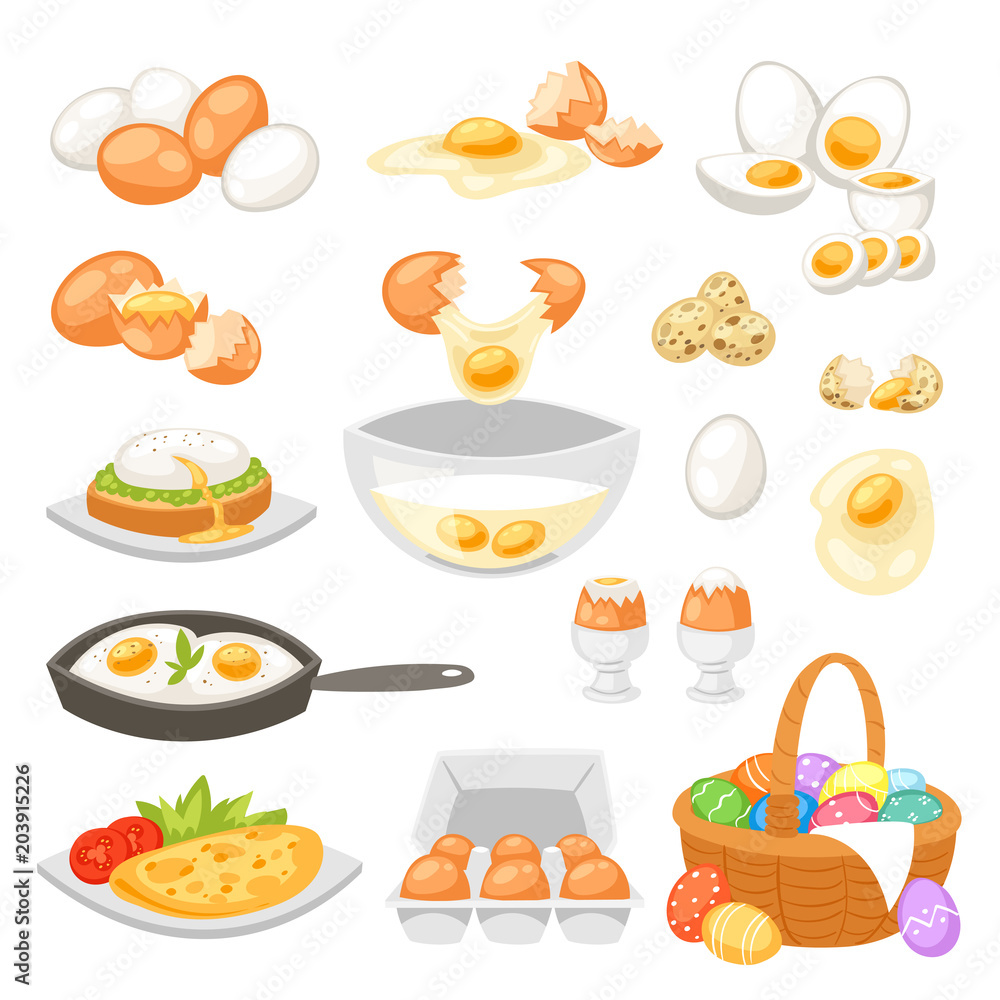 Egg vector easter food and healthy eggwhite or yolk in egg-cup or cooking omelette in frying pan for breakfast illustration set of eggshell or egg shaped ingredients isolated on white background Egg vector easter food and healthy eggwhite or yolk in egg-cup or cooking omelette in frying pan for breakfast illustration set of eggshell or egg shaped ingredients isolated on white background