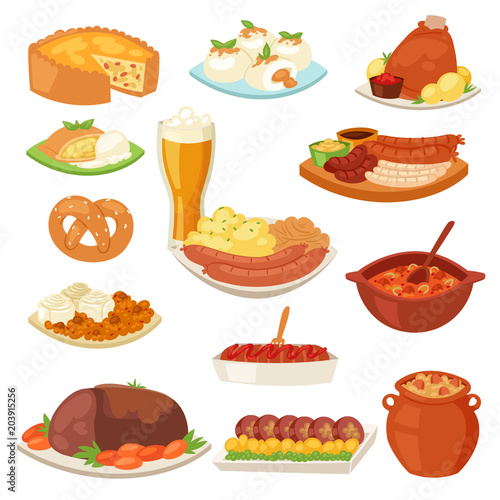 German food vector traditional cuisine of German and cooked meat meal sausages for dinner or lunch illustration set of bavarian snack and beer isolated on white background