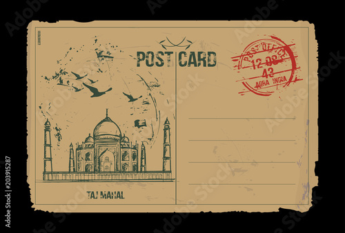 Taj Mahal. Agra, india. Post card design. Hand drawn illustration.