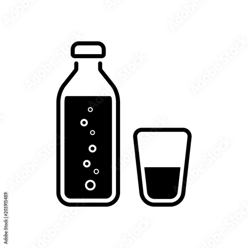 bottle of water with bubbles and glass cup. simple icon