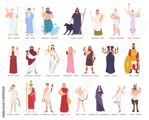 Collection of Olympic gods and goddesses from Greek and Roman mythology, mythological creatures. Male and female cartoon characters isolated on white background. Flat colorful vector illustration.