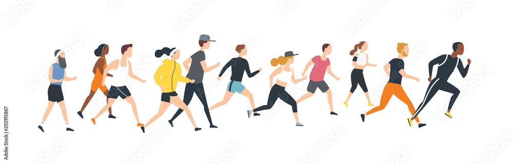 Fototapeta Men and women dressed in sports clothes running marathon race. Participants of athletics event trying to outrun each other. Flat cartoon characters isolated on white background. Vector illustration.