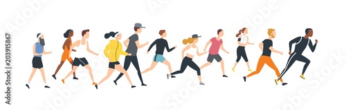 Men and women dressed in sports clothes running marathon race. Participants of athletics event trying to outrun each other. Flat cartoon characters isolated on white background. Vector illustration.