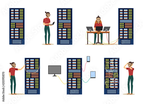 Various server room images with data center and young system administrator configuring computer network and connecting cables set. Isolated flat cartoon vector illustration.