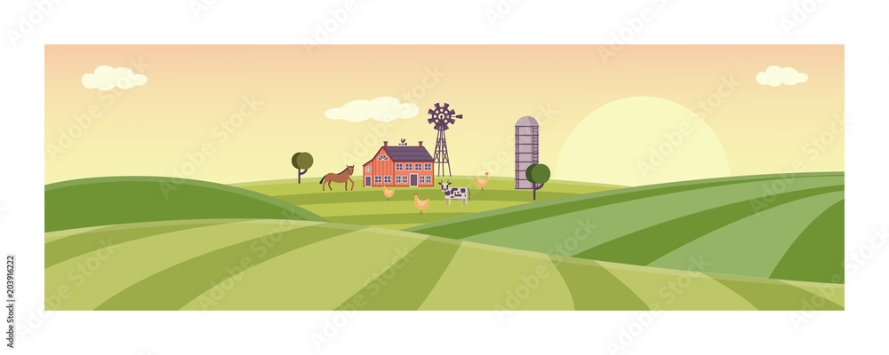Rural landscape with farm field with green grass, trees. Farmland with house, windmill and livestock - horse, cow and chickens. Outdoor village scenery, farming background. Vector illustration