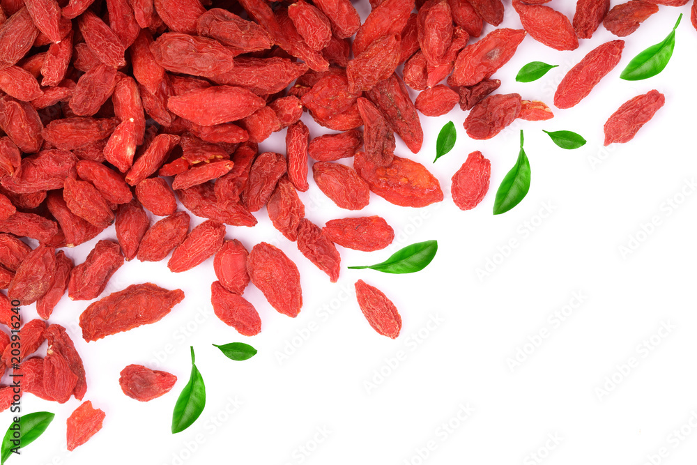 Dried goji berries decorated with green leaves Isolated on white background with copy space for your text Dried goji berries decorated with green leaves Isolated on white background with copy space for your text