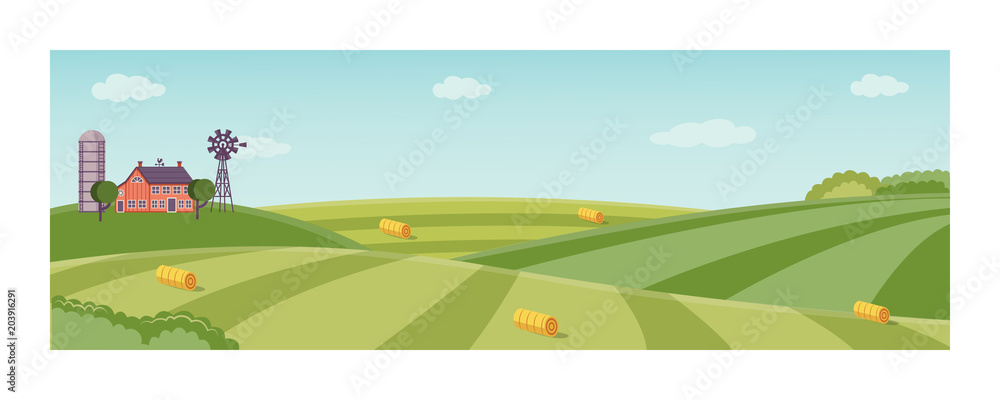 Rural landscape with farm field with green grass, trees. Farmland with house, windmill and hay stacks . Outdoor village scenery, farming background. Vector illustration