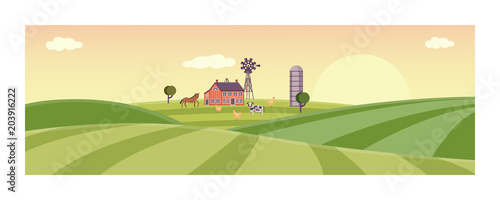 Rural landscape with farm field with green grass, trees. Farmland with house, windmill and livestock - horse, cow and chickens. Outdoor village scenery, farming background. Vector illustration