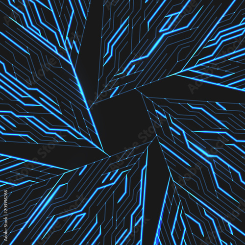 Circuit board with lights on the blue background, abstract technology illustration