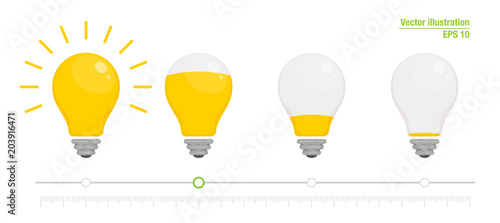 Light power indicator. Power switch. Energy charge level, full and low. Yellow glowing light bulb. Vector illustration for your design. Flat style
