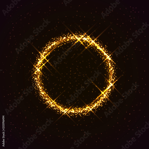 Vector galaxy. Shining golden ring made of stars. Beautiful abstract cosmic background. Bright yellow circle. Creative cosmic space illustration.