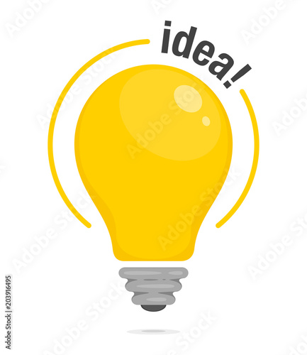 Lightbulb of Idea. Yellow glowing light bulb. Symbol of idea, solution and thinking. Flat style icon. Vector illustration for your design