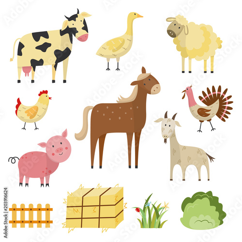 Flat farm animals and birds live stock and rural symbols set. Spotted white black cow  brown horse  pink pig white goat sheep. Domestic birds - chicken or rooster turkey and goose. Vector illustration