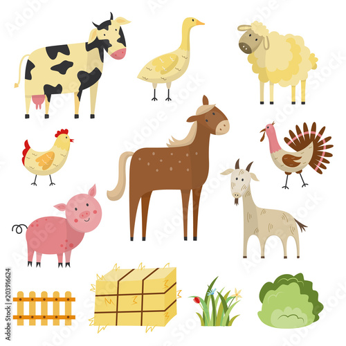 Flat farm animals and birds live stock and rural symbols set. Spotted white black cow, brown horse, pink pig white goat sheep. Domestic birds - chicken or rooster turkey and goose. Vector illustration
