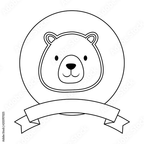 emblem with cute bear and decorative ribbon over white background  vector illustration