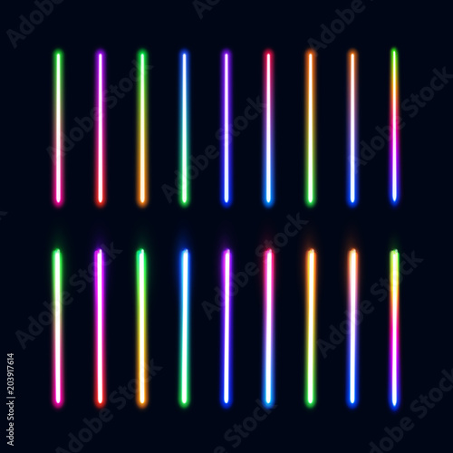 Neon lights tubes set. Colorful glowing lines collection isolated on dark blue background. Halogen or led gradient lamps elements pack for night party or game design. Color bright vector illustration.