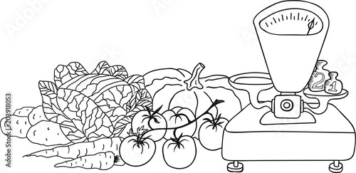 Hand Drawn Doodle Sketch Line Art Vector Illustration with Composition of Vegetables and Weighing Scales with Plummets. Cabbage Pumpkin Carrots Potatoes Tomatoes. Black Outline Design Element Template