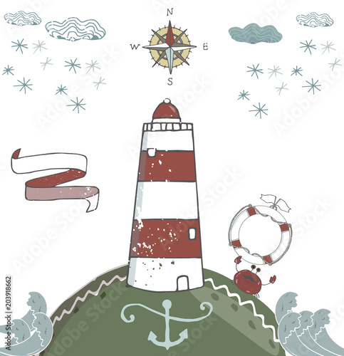 Red beacon vector ribbon anchor kompas snowflake snow cloud landscape waves crab lighthouse pharos, screed, seamarkvector card postcard on white background