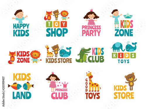 Different logos for kids with funny colored illustrations