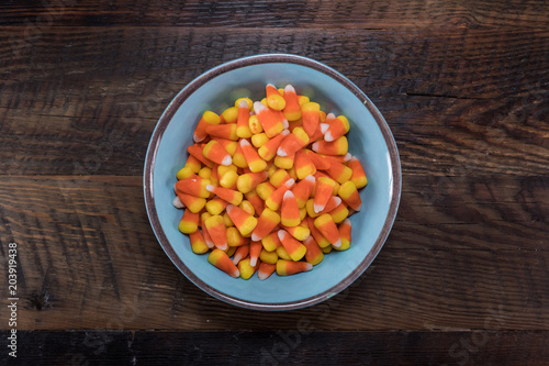 Blue Bowl of Candy Corn Centered