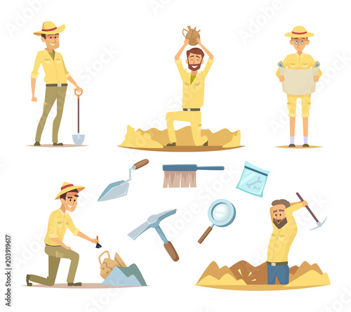 Vector archaeologist characters at work. Cartoon mascots in action poses