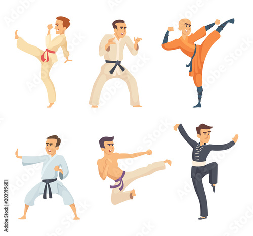 Sport fighters in action poses. Cartoon characters isolate on white background