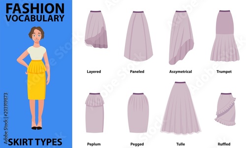Skirt vocabulary collections of standard classic simple skirts. Many types of skirts sutable on vector nice vector model. Simple style.