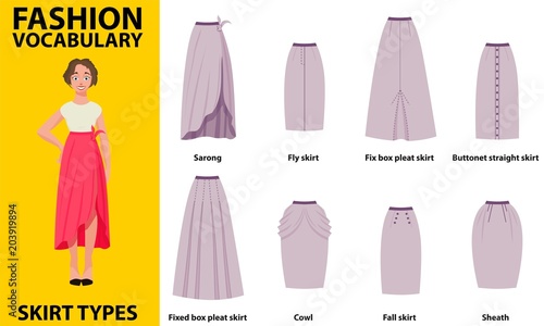 Skirt vocabulary collections of standard classic simple skirts. Many types of skirts sutable on vector nice vector model. Simple style.
