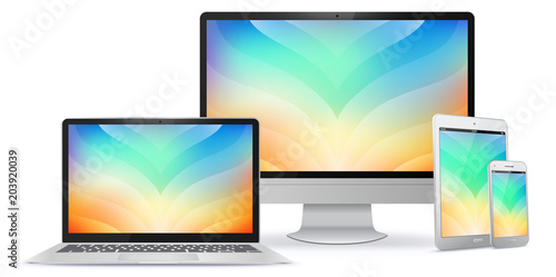 Computer Monitor, Laptop, Tablet PC and Mobile Phone Screen With Colorful Abstract Background 