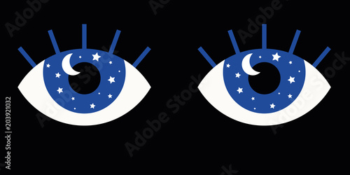 Funny vector illustration of eyes with stars and moon in their pupils as a visual metaphor