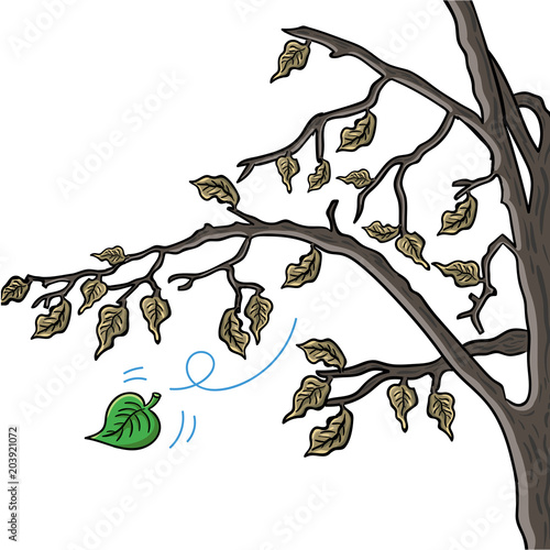 Vector illustration of  green healthy leaf leaving a dried tree as a visual metaphor of avoiding bad companies or dangerous situations