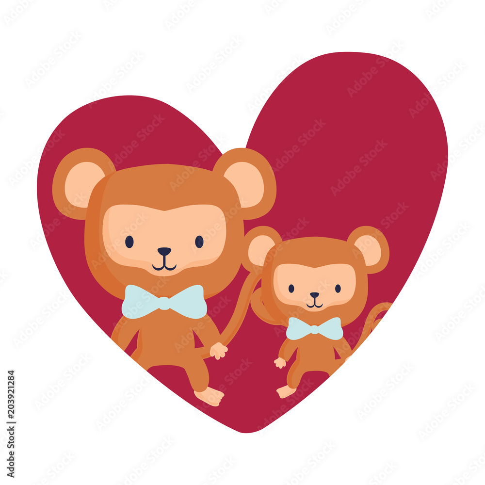 heart with cute monkeys over white background, colorful design. vector illustration heart with cute monkeys over white background, colorful design. vector illustration