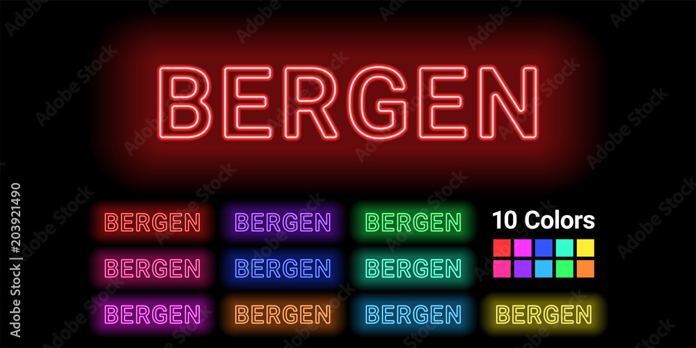Neon name of Bergen city - obrazy, fototapety, plakaty 