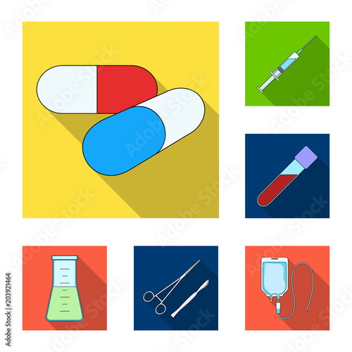 Medicine and treatment flat icons in set collection for design. Medicine and equipment vector symbol stock web illustration.