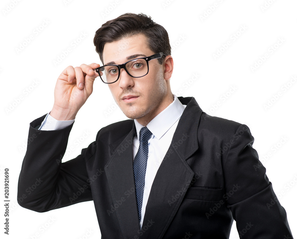 Young businessman in glasses, tie and black suit