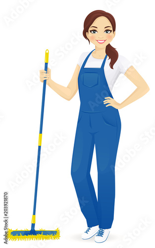 Professional female floor cleaner standing with mop vector illustration