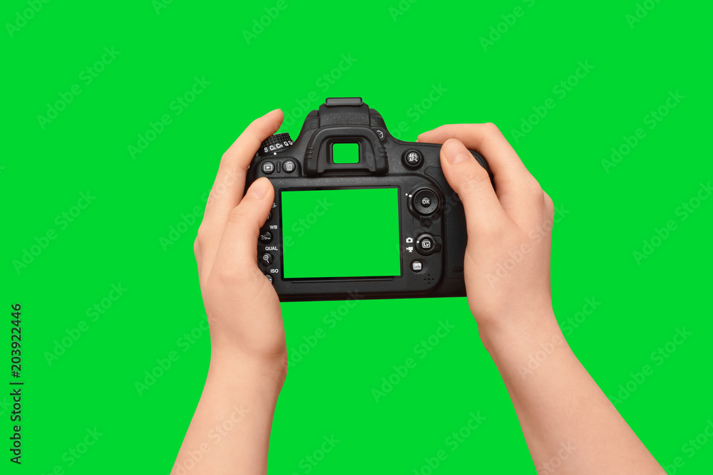 Obraz premium Female hands holding dslr camera with empty screen, isolated on green background