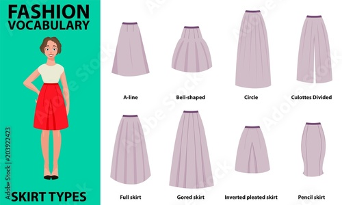Skirt vocabulary collections of standard classic simple skirts. Many types of skirts sutable on vector nice vector model. Simple style.