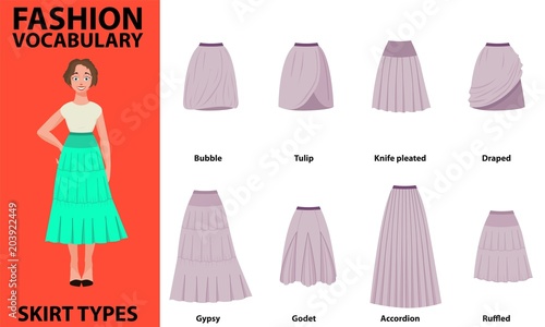Skirt vocabulary collections of standard classic simple skirts. Many types of skirts sutable on vector nice vector model. Simple style.