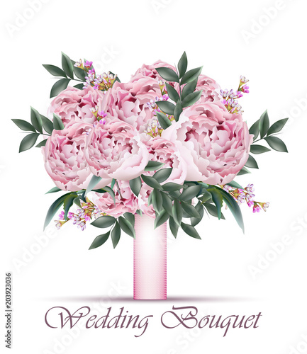 Peonies Wedding bouquet Vector. Vintage floral decor pastel pink colors