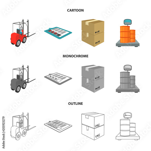 Forklift, delivery slips, packaged goods, cargo on weighing scales. Logistics and delivery set collection icons in cartoon,outline,monochrome style isometric vector symbol stock illustration web.