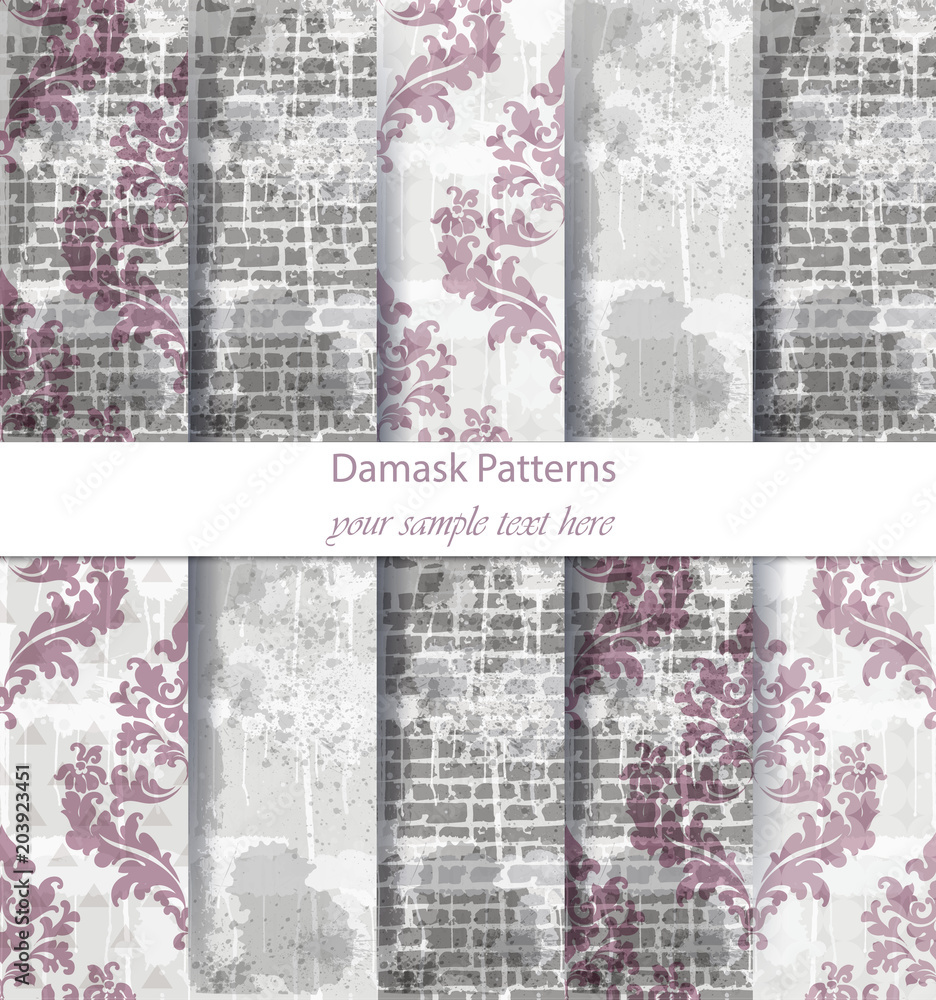 Damask patterns set collection Vector. Classic ornament various colors with abstract background textures. Vintage decor. Trendy color fabrics