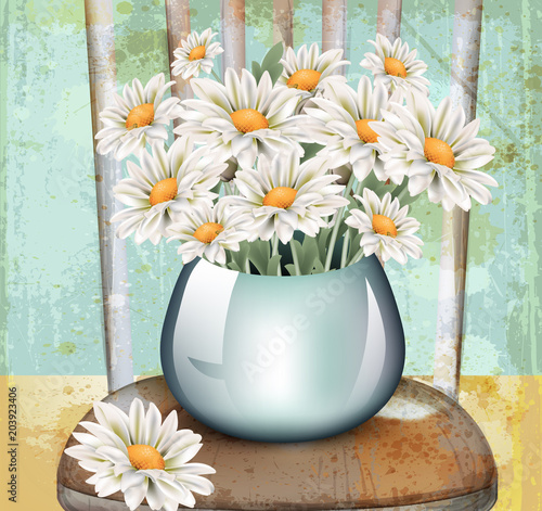 Vintage chamomile bouquet Vector. Spring floral decor on old grunge backgrounds