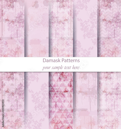 Vintage Damask patterns set collection Vector. Classic ornament various colors with abstract background textures. retro decor. Trendy color fabrics