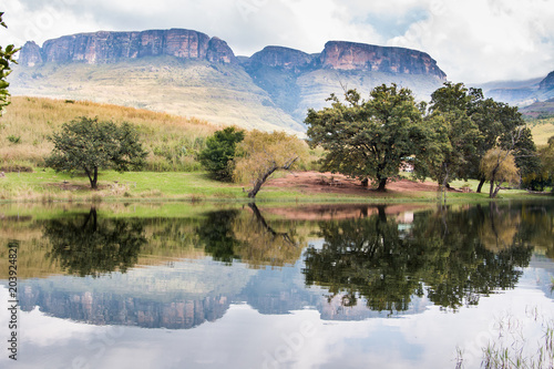 Northern Drakensberg mountains reflecting in water with trees and cloudy skies in the Royal Natal National Park, South Africa.