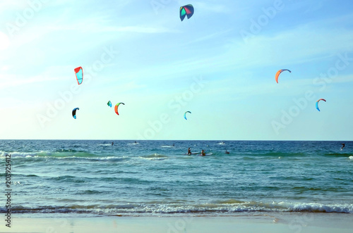 Many kites in the sea..surfboard boarding on the beach of the Mediterranean Sea, Israel.Balance, extreme sports, group rest, common interests.