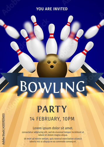 Bowling Party Flyer Template Illustration. Bright Bowling tournament poster. 3d ball and skittles composition. Bowling backgrounds for banner, poster, flyer, label design.