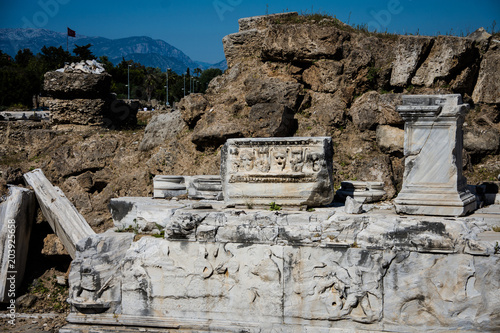 Ancient Greek city. Side, Turkey. Remnants of the past. Antique theater.Active holidays in warm countries. Ruins of the old theatre. Antalya Province. Pamphylia. photo